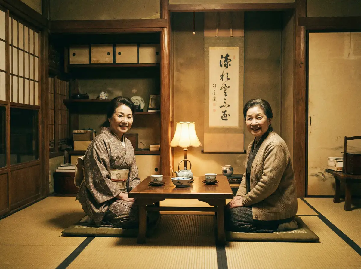 两位优雅的 幻影体育网址 在日式茶室中品茶交谈